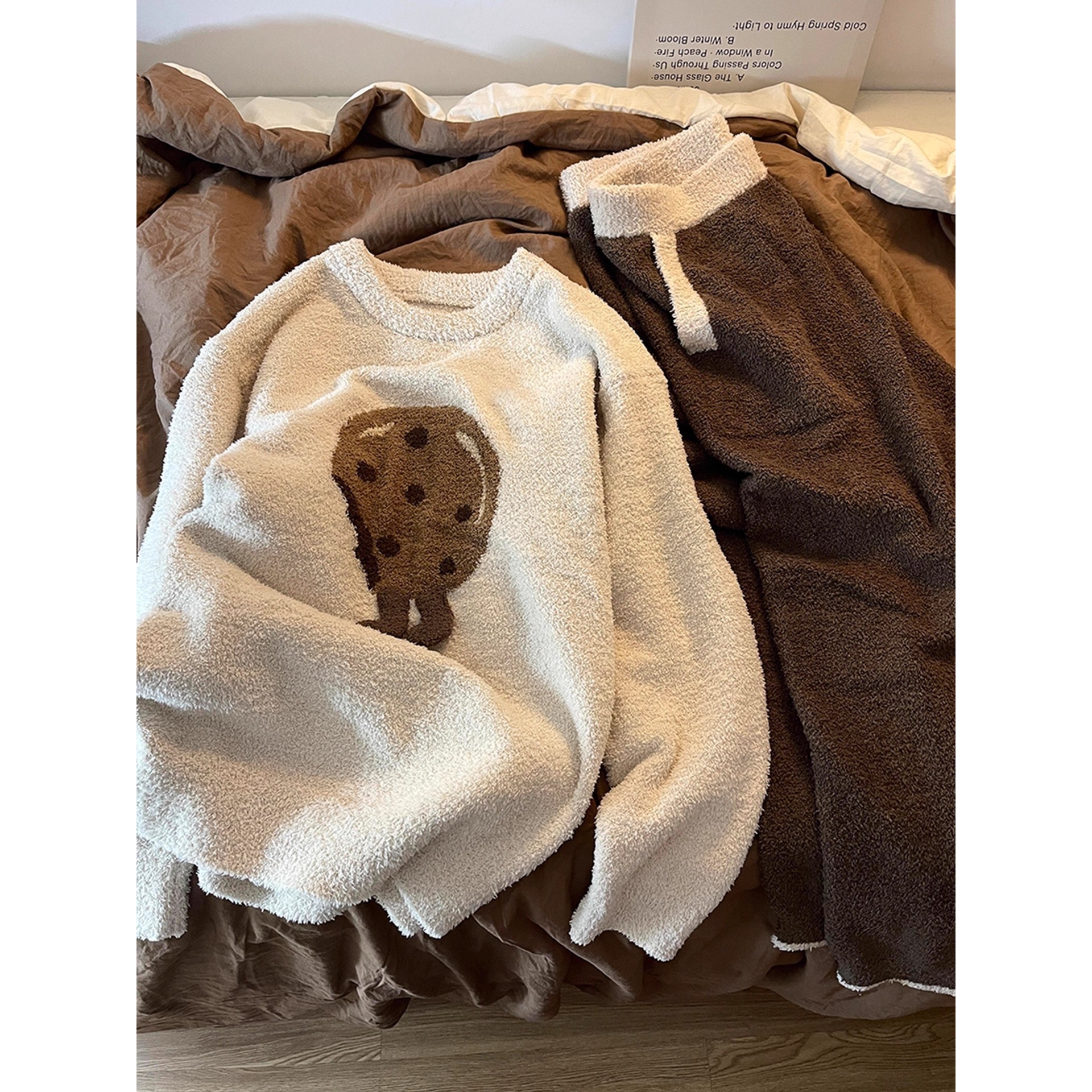 韩版可爱卡通印花半边绒睡衣女秋冬新款加绒加厚保暖家居服套装