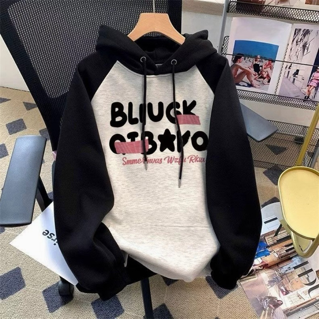 中大童春秋冬季新款插肩连帽卫衣撞色女童宽松字母印花上衣外套潮