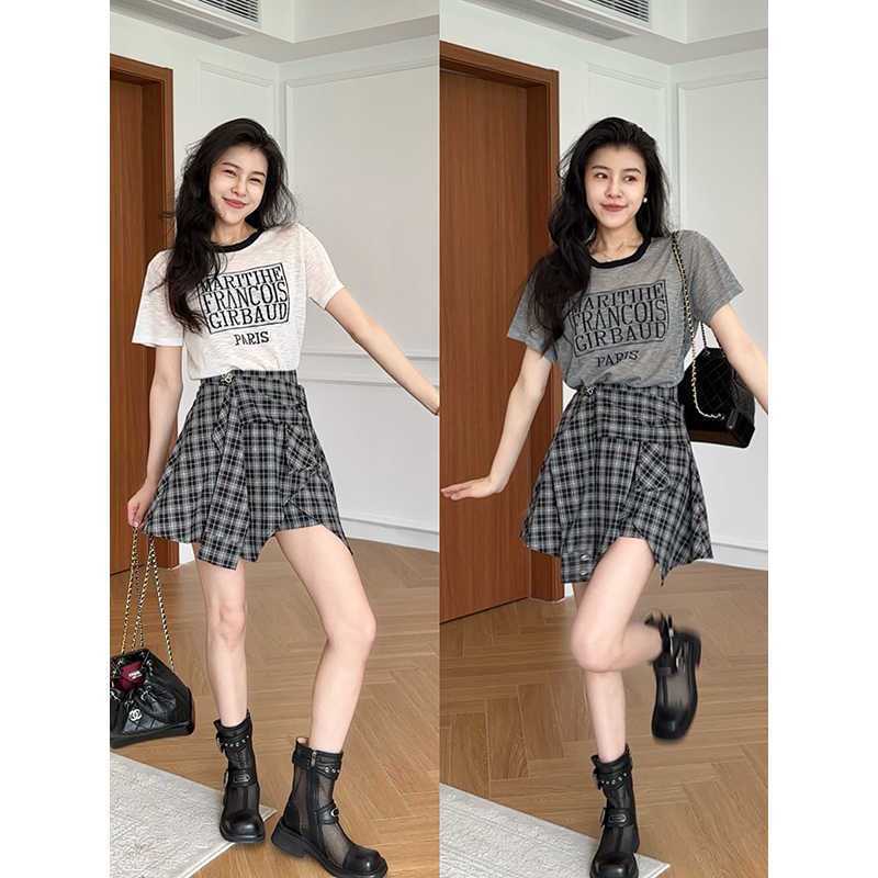 美式复古格子拼接短袖T恤女夏季新款设计感小众假两件半身裙套装
