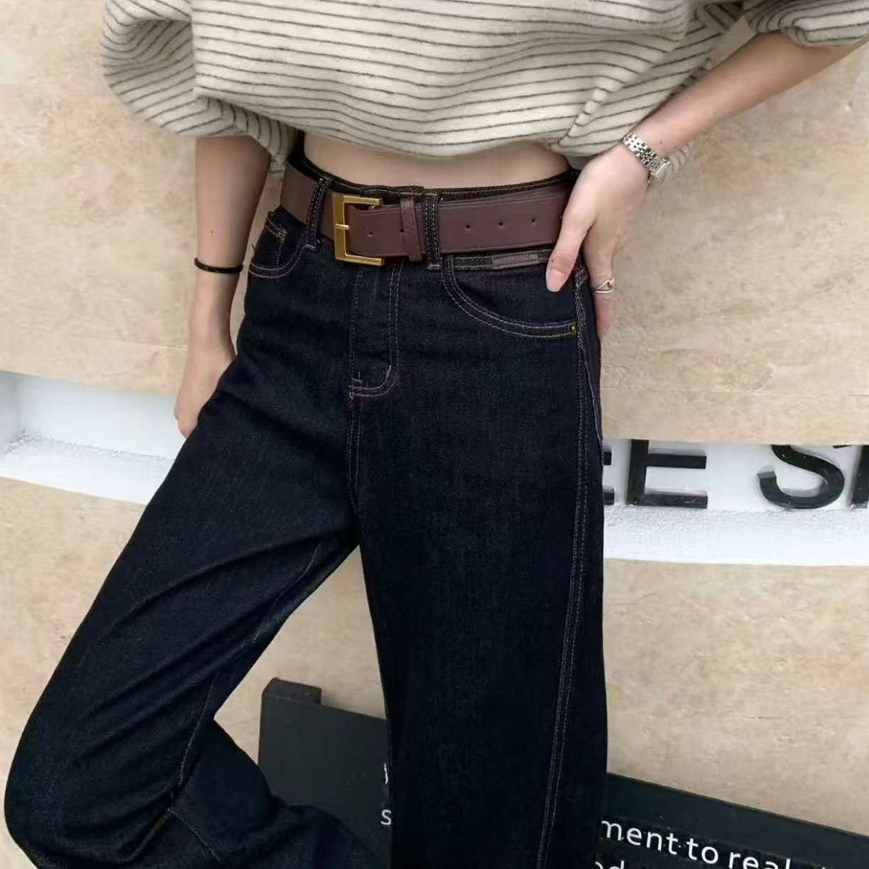 85031（加厚植绒）显瘦深蓝弯刀直筒阔腿拖地牛仔裤女百搭