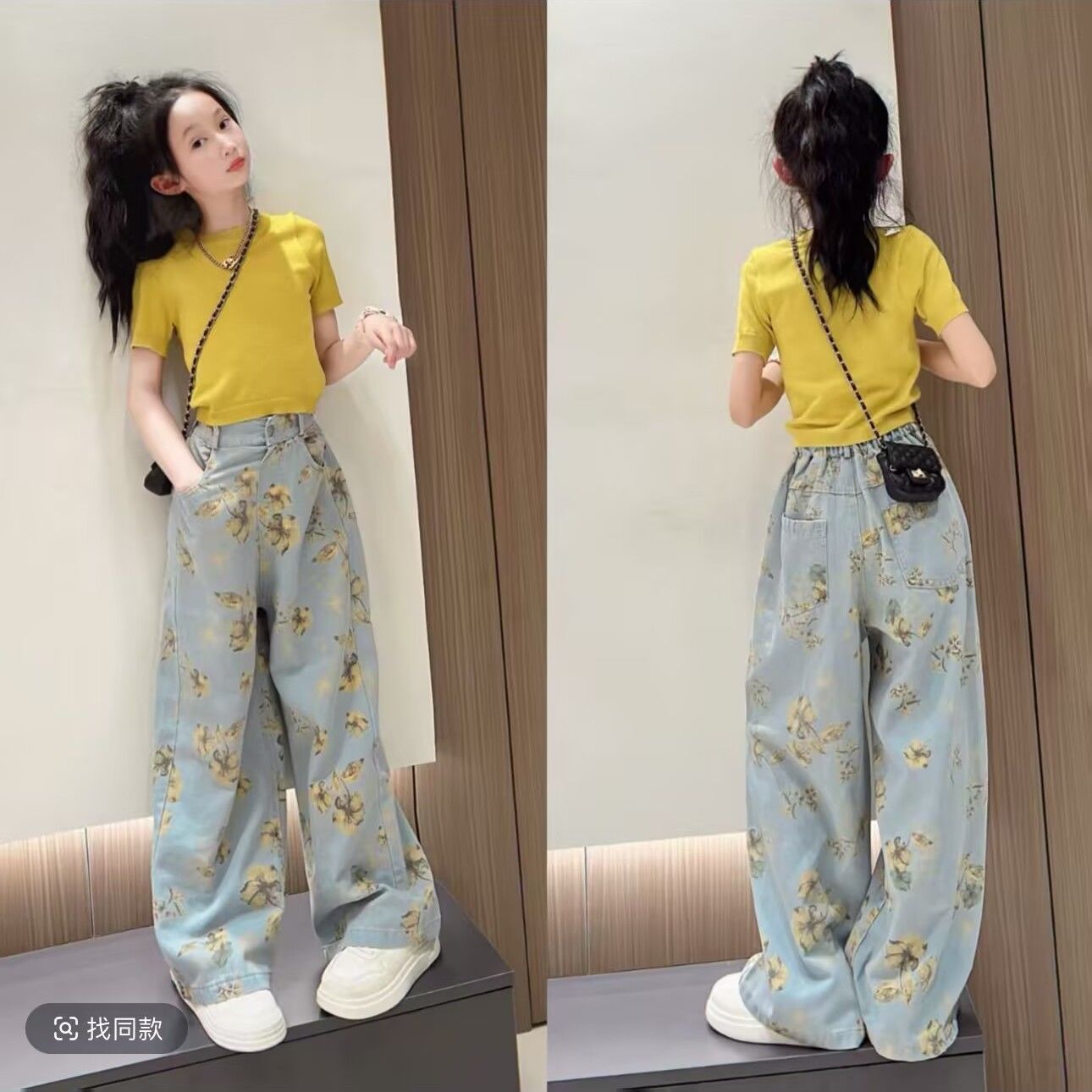 女童夏季阔腿裤套装2025新款大童短袖T恤洋气时髦花朵印花牛仔裤8