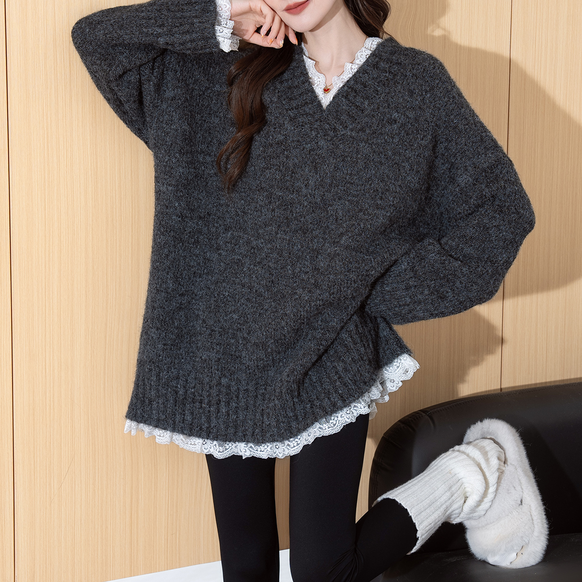唐狮 秋冬蕾丝边设计宽松V领中长款套头毛衣女春秋可外穿上衣
