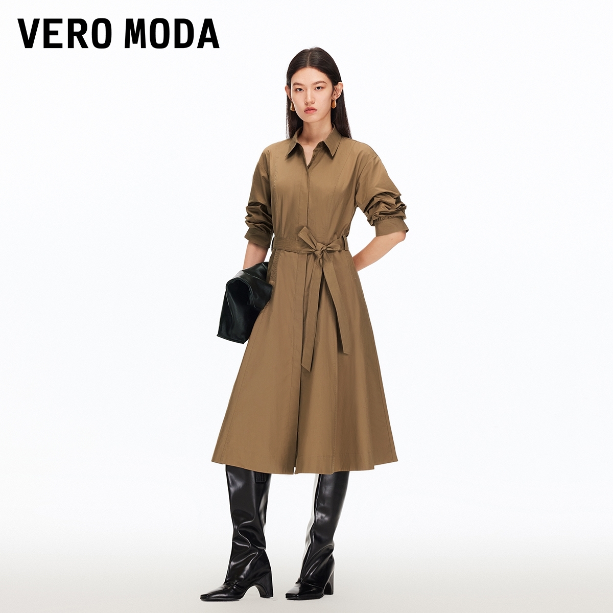 Vero Moda连衣裙2025秋季新款纯棉收腰捏褶A字衬衫裙气质显瘦通勤