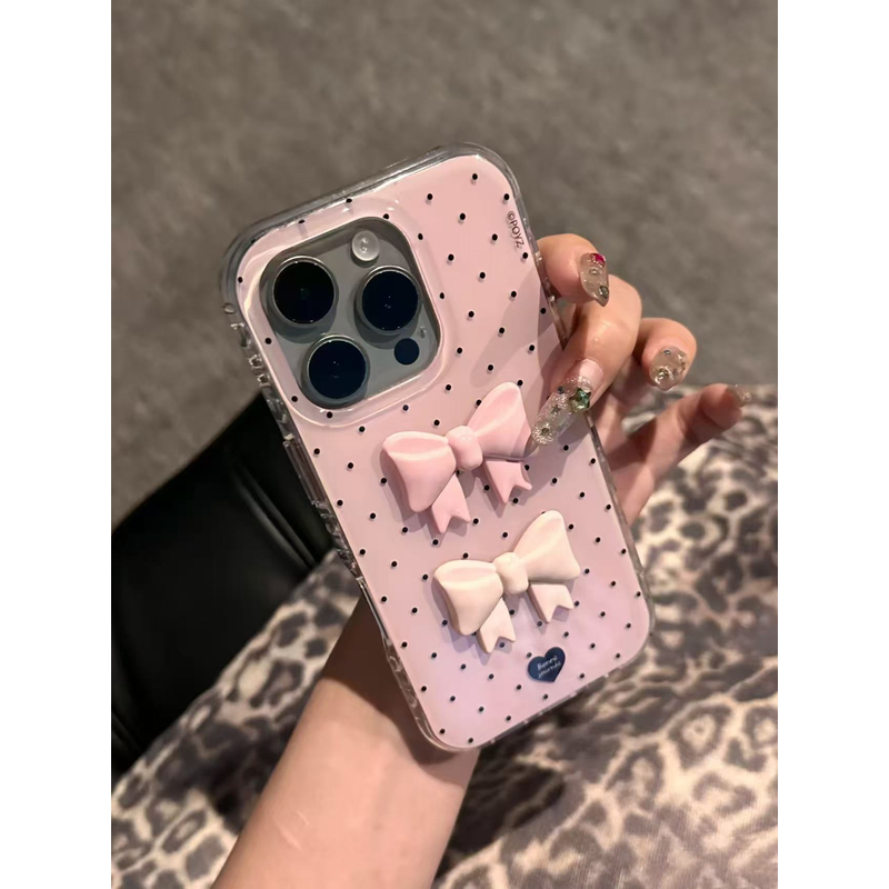 韩系波点立体粉白蝴蝶结适用苹果16Promax手机壳vivo华为oppo小米