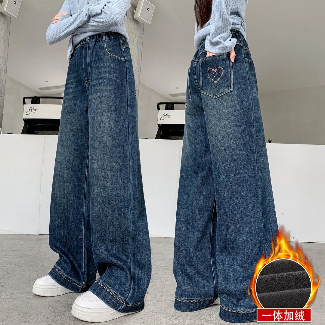 女童加绒牛仔裤秋冬新款直筒软女孩冬装季休闲加厚一体冬天阔腿潮