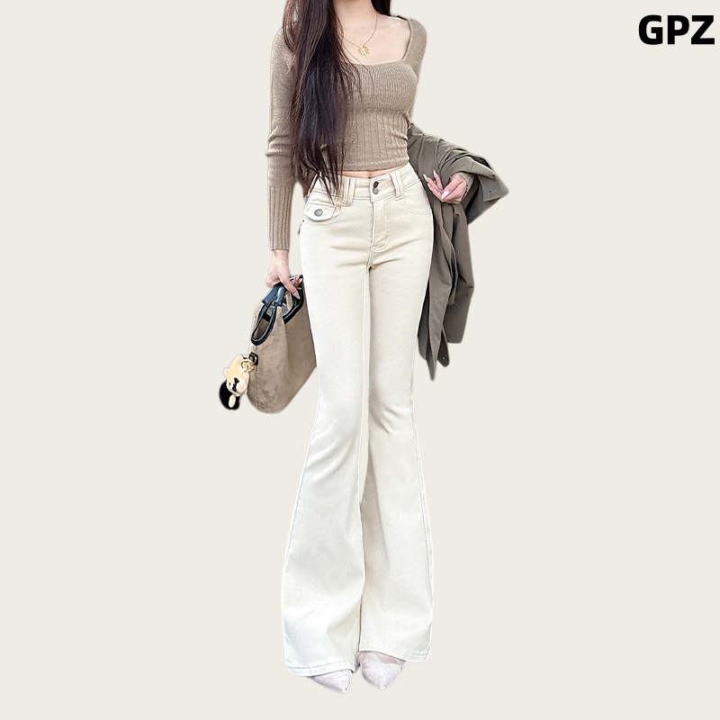 浅卡其色加绒高腰微喇牛仔裤女2025冬季新款修身显瘦喇叭裤不贴腿