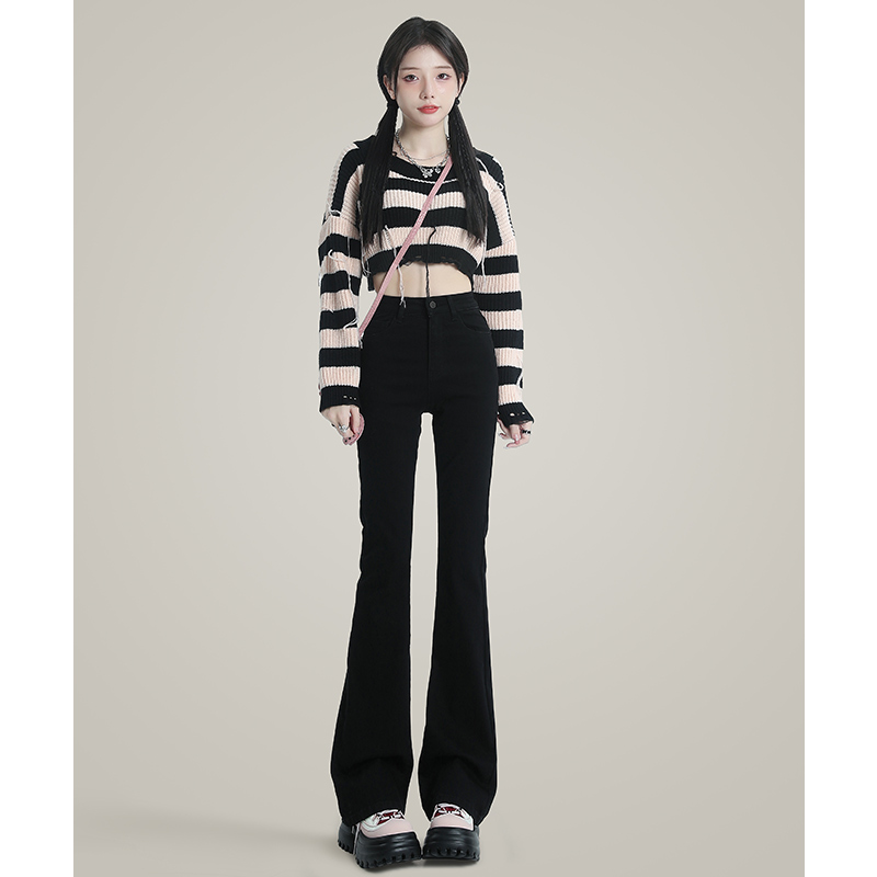 纪衣恋黑色裤子女修身显瘦微喇叭女秋冬2025高个子加长版牛仔裤