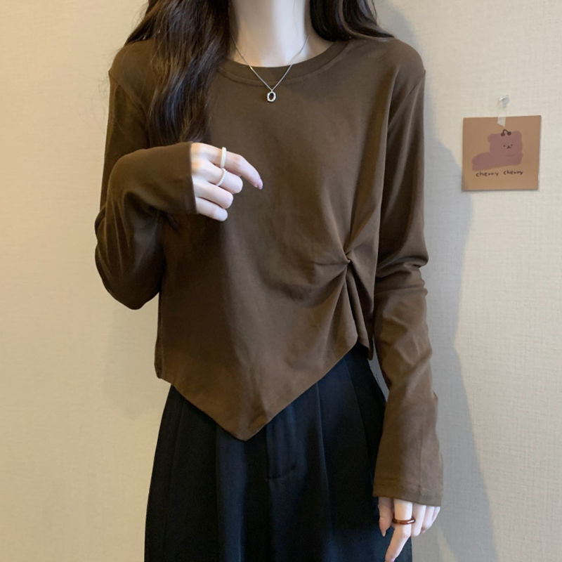 纯棉大码女装设计感长袖T恤小心机打底衫秋冬胖mm显瘦不规则上衣