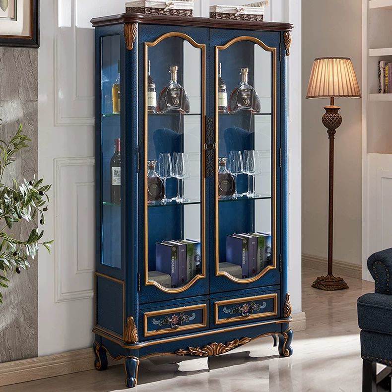 美式彩绘实木大酒柜简约彩绘餐厅家庭客厅玻璃柜餐边复古单门双门