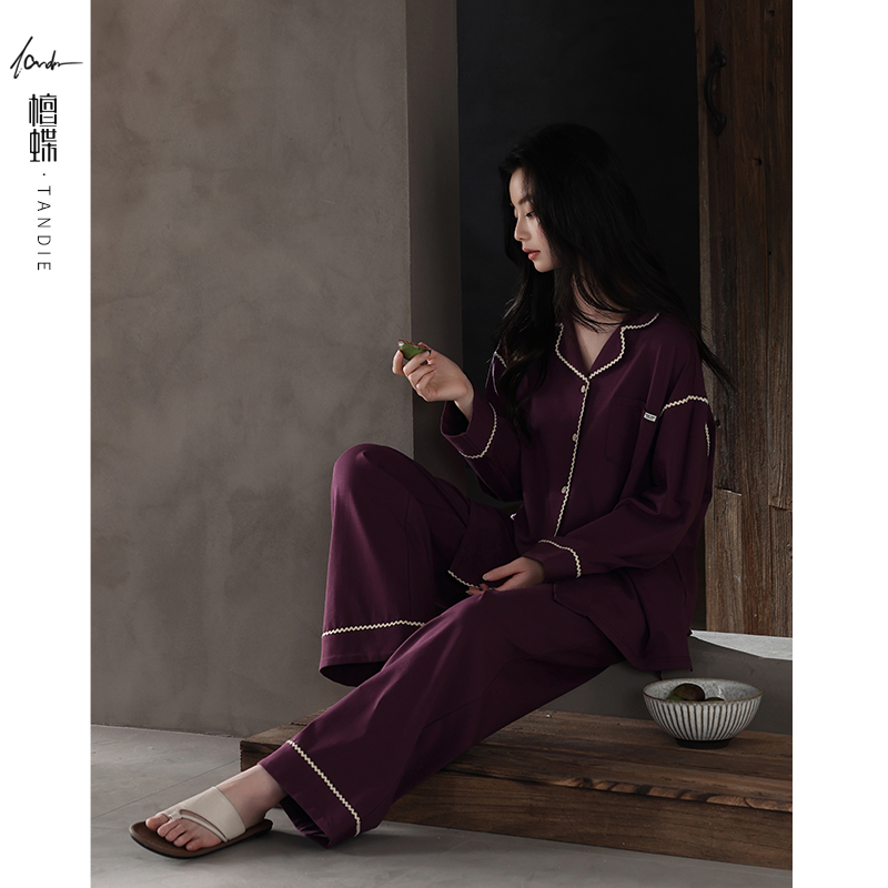 檀蝶撞色拼接纯棉睡衣女款爆款2025新款秋冬居家可外穿搭家居服