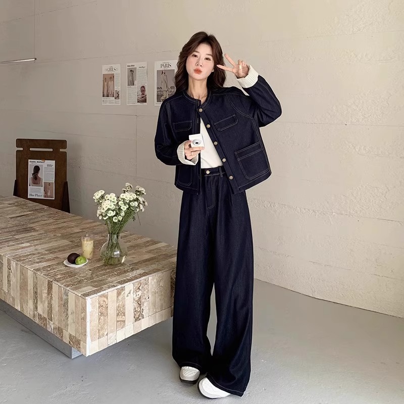 春装搭配一整套大码胖mm牛仔外套阔腿裤子气质减龄高级时尚套装女