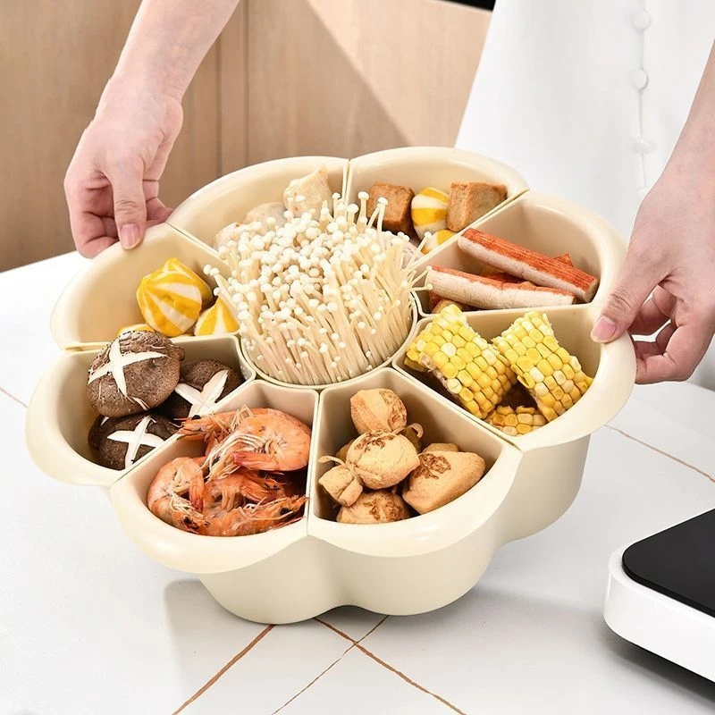 轻奢简约旋转火锅拼盘家用双层蔬菜水果分格洗菜备菜收纳旋转盘