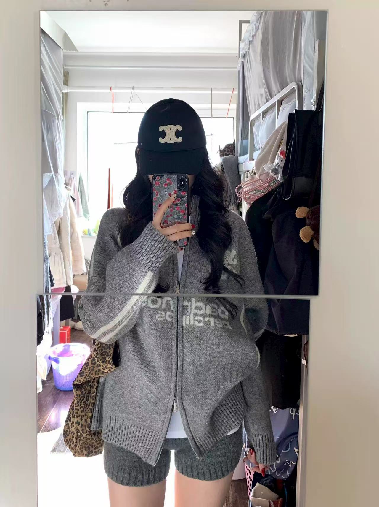 oversize！棒球风翻领拉链毛衣开衫女外套秋装新款韩版宽松针织衫