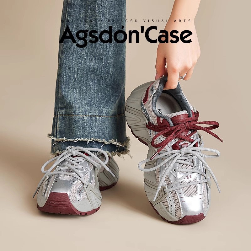 奥古狮登红色老爹鞋女2025新款春秋本命年鞋复古小众厚底运动鞋H