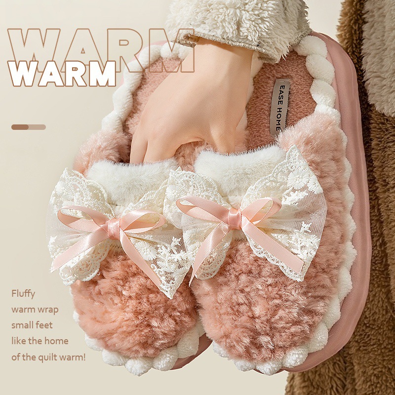 蝴蝶结棉拖鞋女冬季2025新款室内居家用厚底加绒保暖棉拖冬天