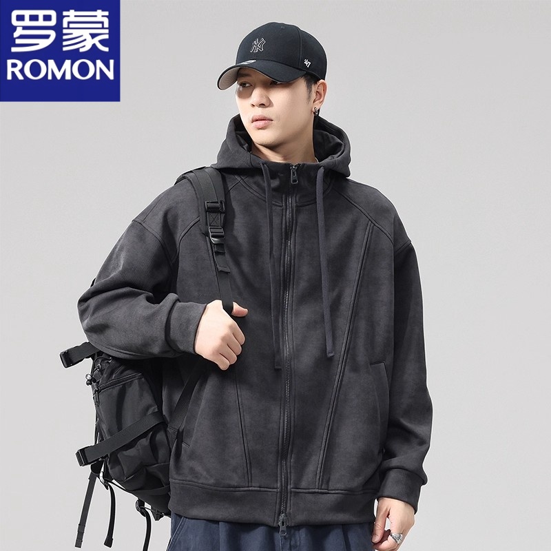罗蒙美式潮牌外套2025秋季新款宽松休闲重磅开衫卫衣外穿连帽夹克