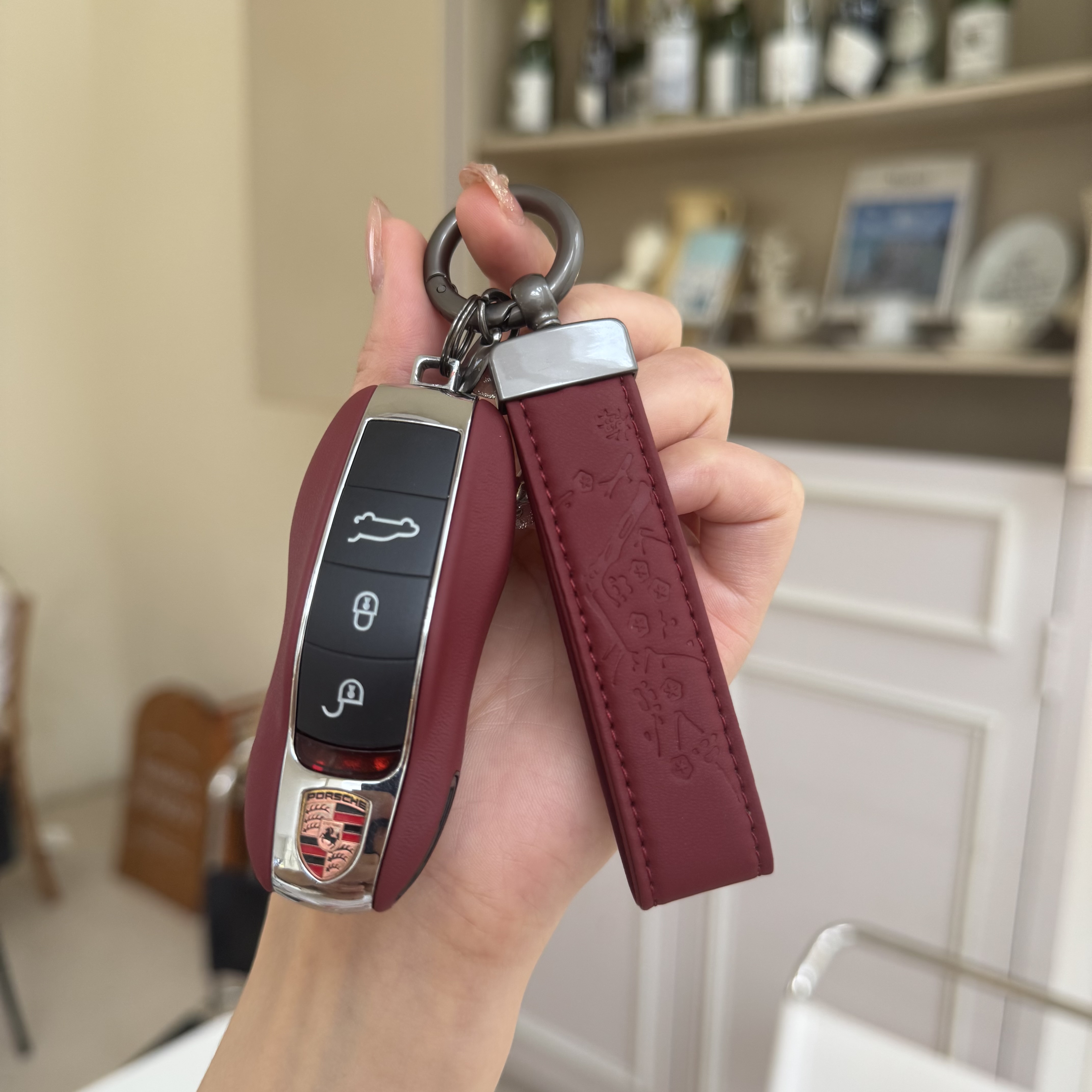 保时捷钥匙壳真皮波尔多红老款718卡宴Macan帕拉梅拉替换壳国风潮