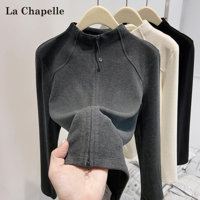 拉夏贝尔半高领冲锋衣内搭长袖T恤女秋冬季双拉链修身德绒打底衫