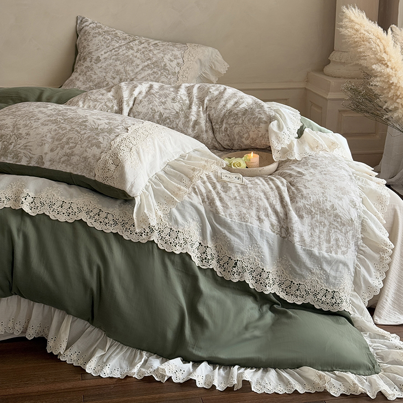 法式碎花全棉双层纱四件套纯棉刺绣蕾丝花边被套公主风少女心床单
