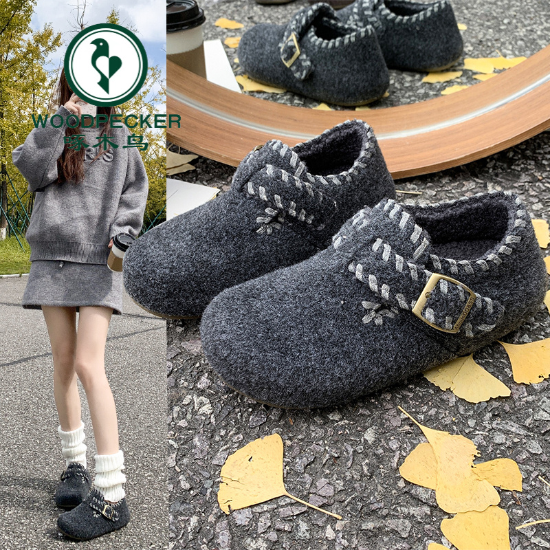 啄木鸟韩版复古厚底包头外穿2025新款秋冬懒人一脚蹬毛毡勃肯鞋女