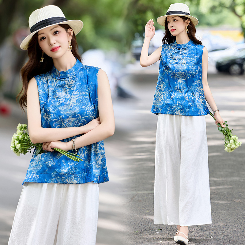 新中式印花套装女2025夏季新款复古盘扣气质减龄显瘦阔腿裤两件套