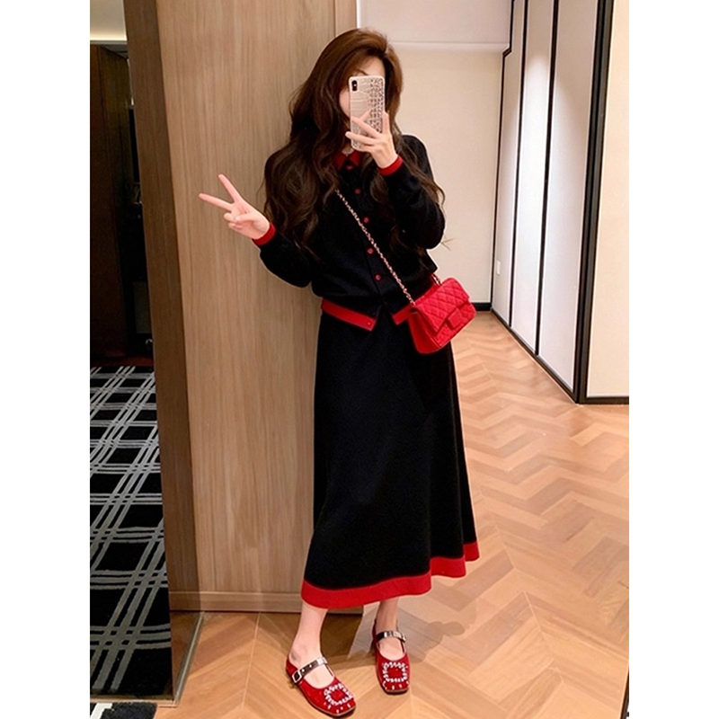 2026新款超火一整套轻奢高级感大方得体穿搭黑色针织衫两件套装裙