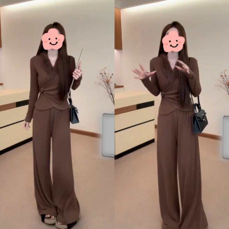 【审美偏爱】修身V领不规则收腰上衣+直筒显瘦长裤套装LK2508765