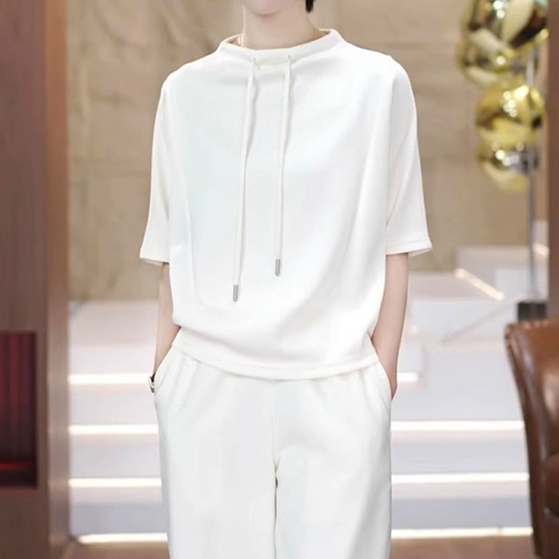 宽松百搭半袖上衣夏季胖MM大码女装港风设计感圆领抽绳短袖T恤女