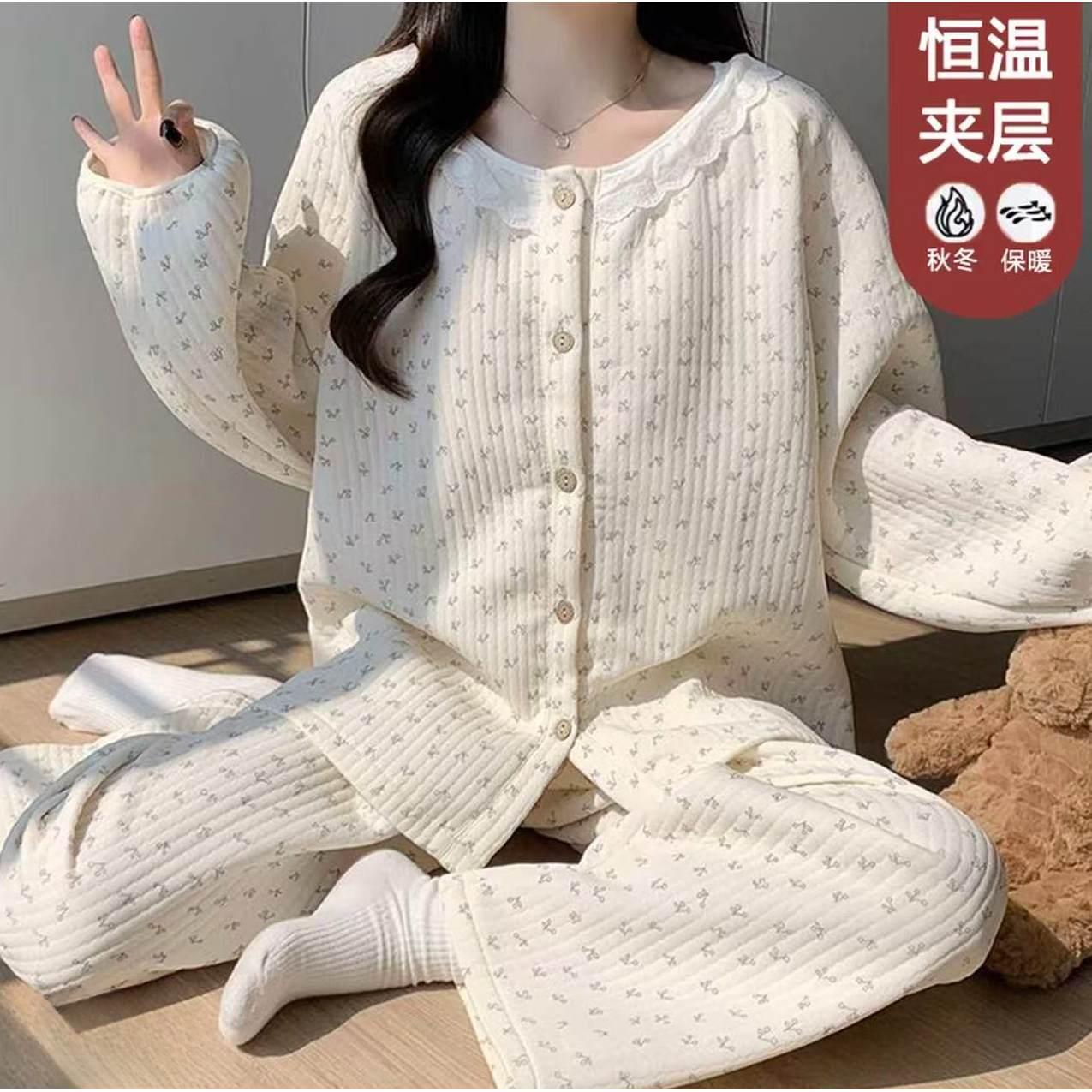 可爱甜美学生风秋冬保暖宽松圆领长袖长裤可外穿睡衣家居服套装Z