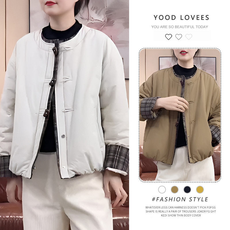 韩版撞色格子圆领轻薄棉服外套女2025冬季新款宽松小个子棉衣上衣