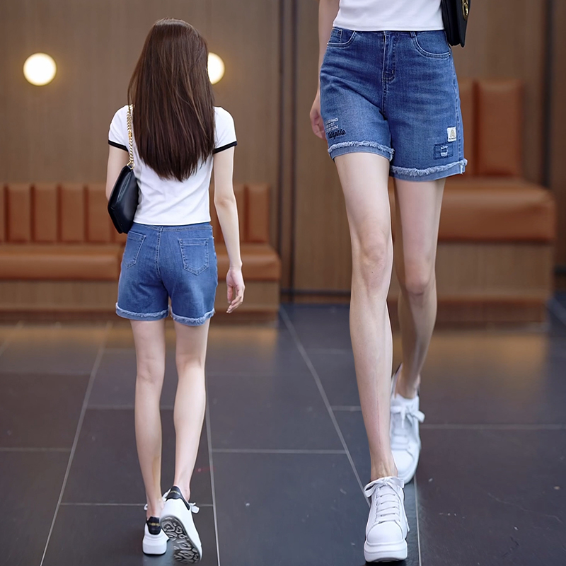 牛仔短裤女夏季薄款2025新款刺绣毛边显瘦小个子A字高腰夏天热裤