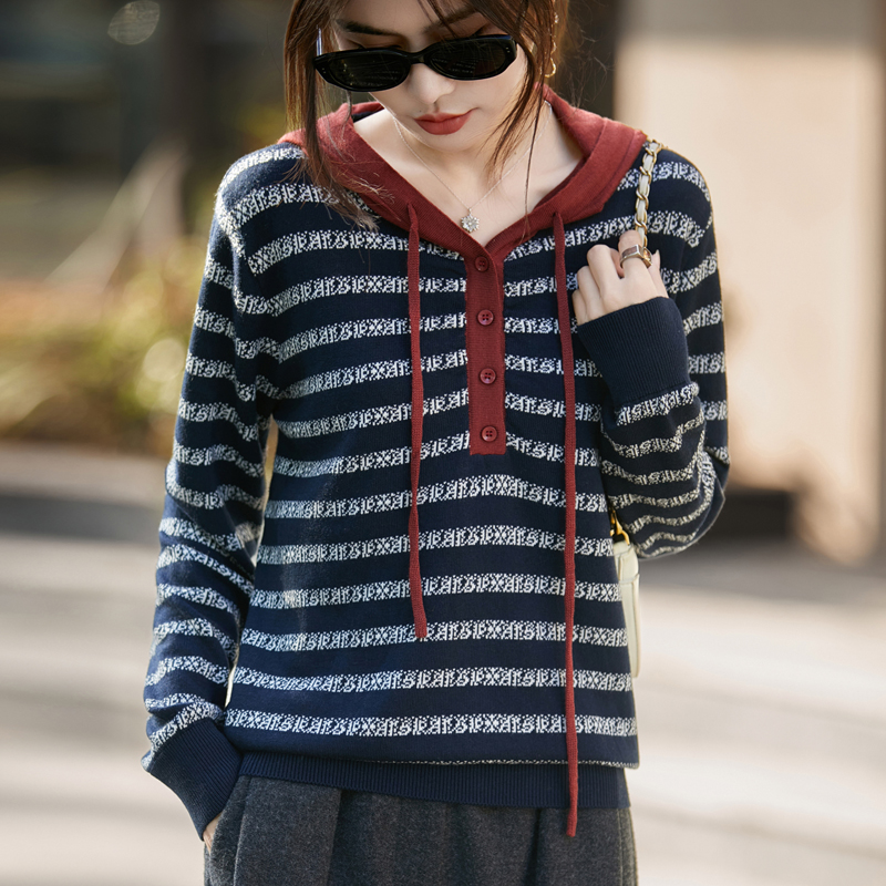 CHAO时尚新款妈妈装条纹针织薄款连帽长袖毛针织衫厚款宽松型