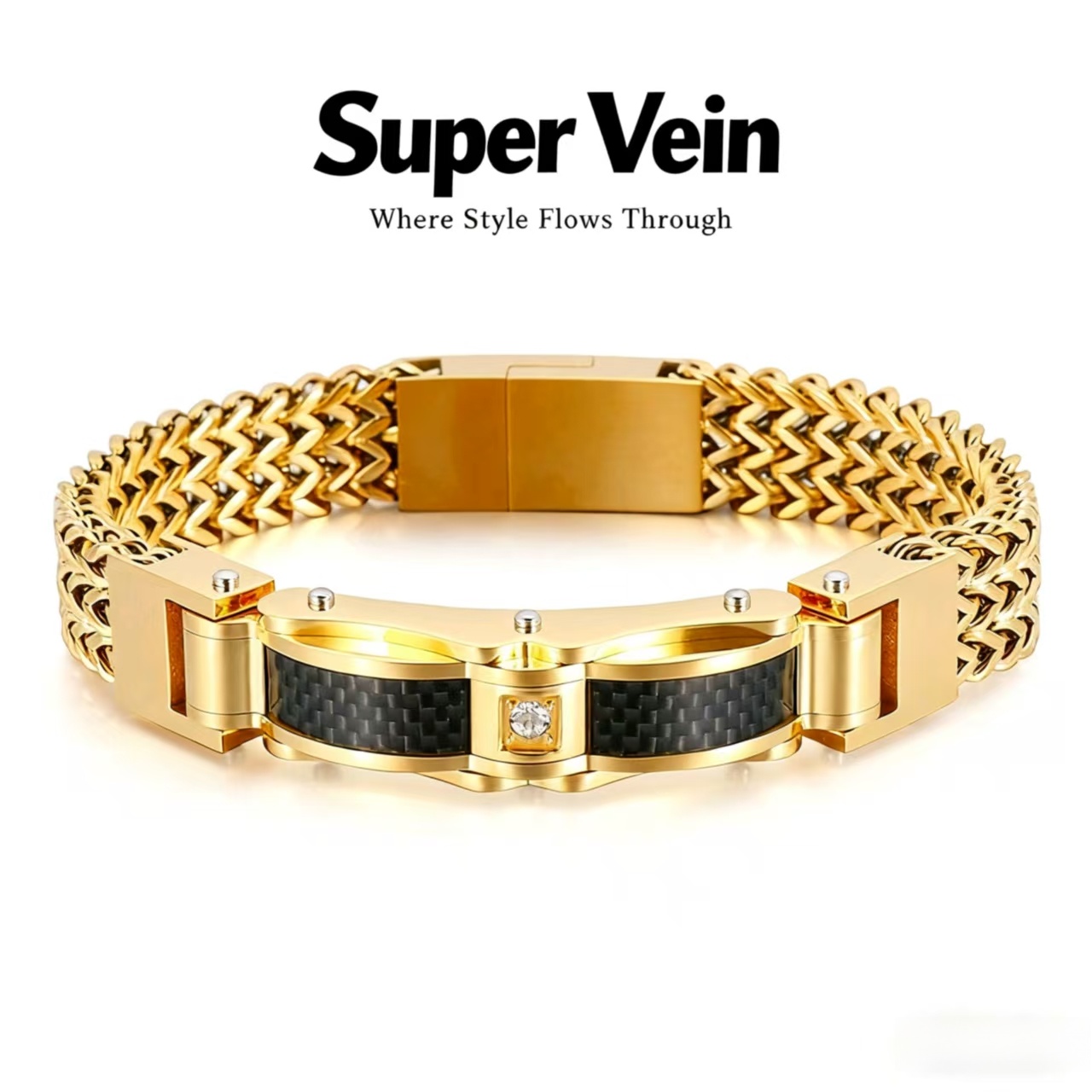 钛钢手链 欧美时尚潮人金色男士手链镶钻百搭气质小众个性轻奢ins