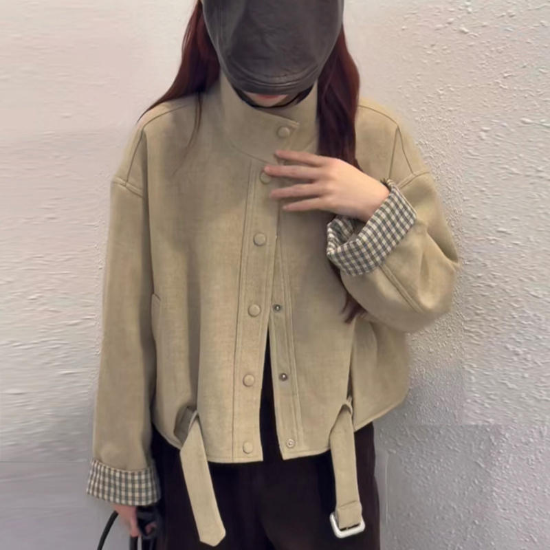 拼接毛呢外套女秋冬款高级感气质显瘦百搭立领西装领羊绒大衣