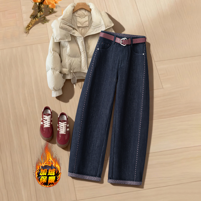 拉夏贝尔弯刀卷边牛仔裤女2025秋冬新款加绒小个子九分窄版镰刀裤