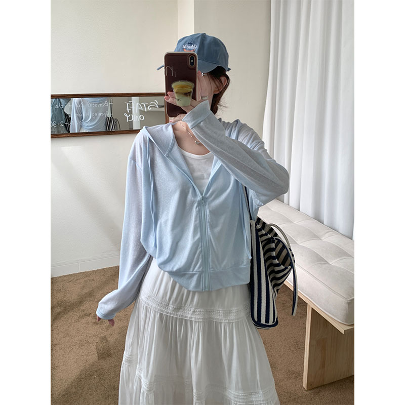 微胖mm大码春秋季新款蓝色长袖连帽拉链开衫外套女装防晒罩衫上衣