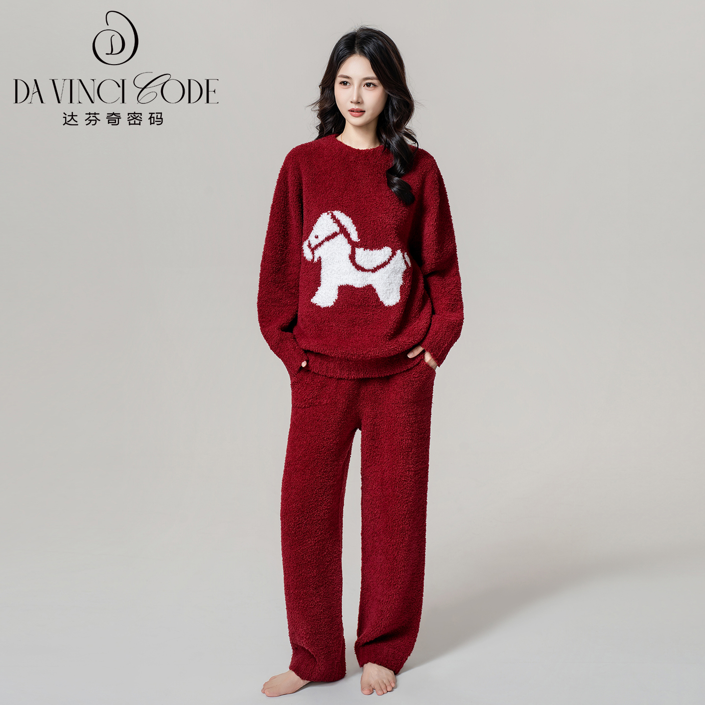 达芬奇密码情侣睡衣家居服加绒加厚秋冬季保暖马年限定红色本命年
