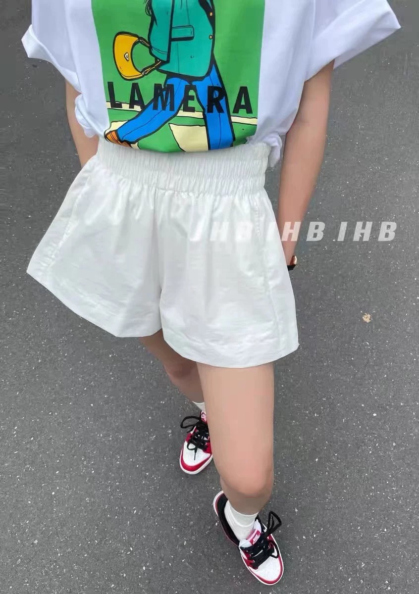 2025夏季新款韩版简约纯色休闲短裤女高腰显瘦百搭松紧腰阔腿裤潮