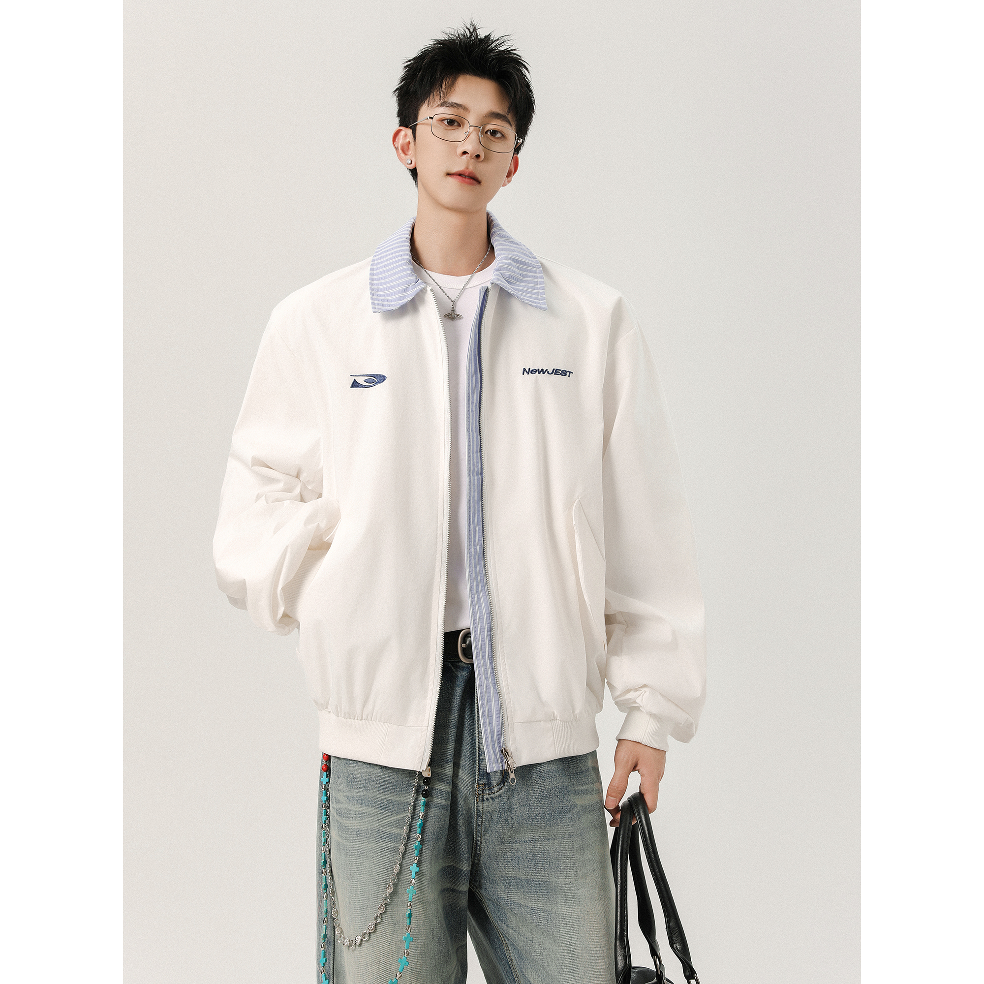 美式复古衬衫领夹克男款秋季潮牌百搭假两件外套高街刺绣休闲上衣