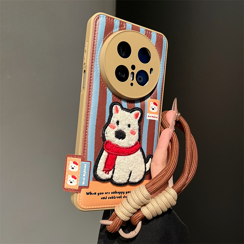 适用华为mate70pro+手机壳p80蓝棕条纹可爱刺绣西高地mate60女款