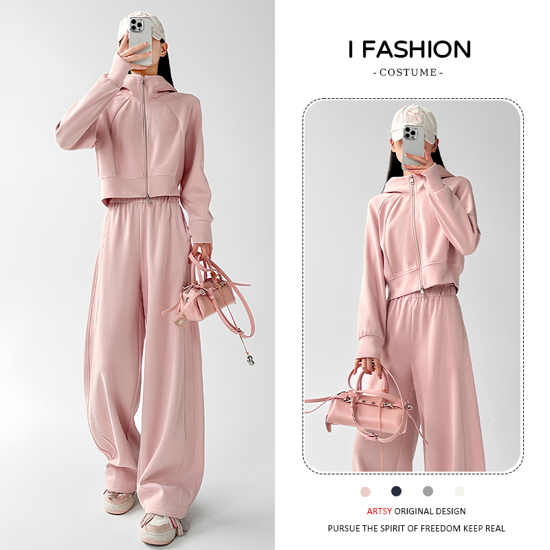 高含棉时尚运动套装女2025年春秋新款百搭连帽卫衣阔腿长裤两件套