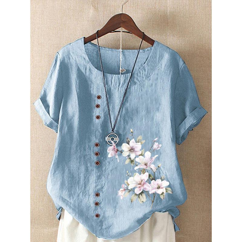 捡漏~尾货剪标余单女大码苎麻印花上衣宽松棉亚麻短袖T恤衬衫