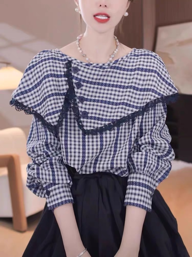 春季新款时尚韩系洋气格纹设计感不规则翻领气质长袖衬衫格子