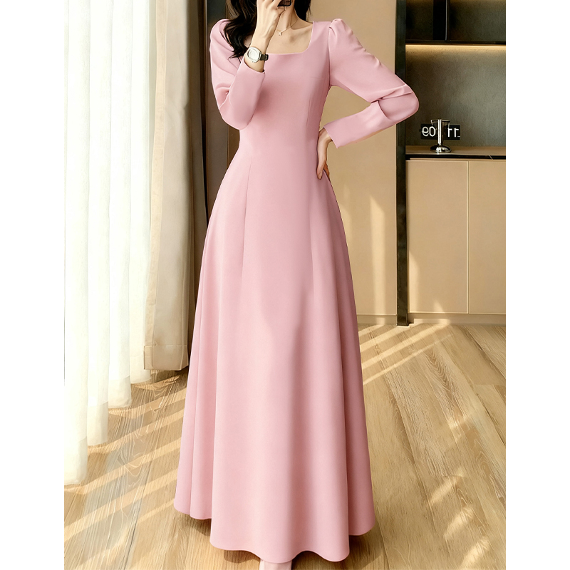 法式高级感方领连衣裙女秋2025新款时尚气质收腰显瘦泡泡长袖裙子