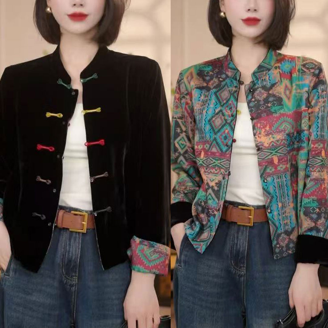 拉夏贝尔2025秋季新款洋气国风新中式盘扣丝绒两面可穿上衣短外套