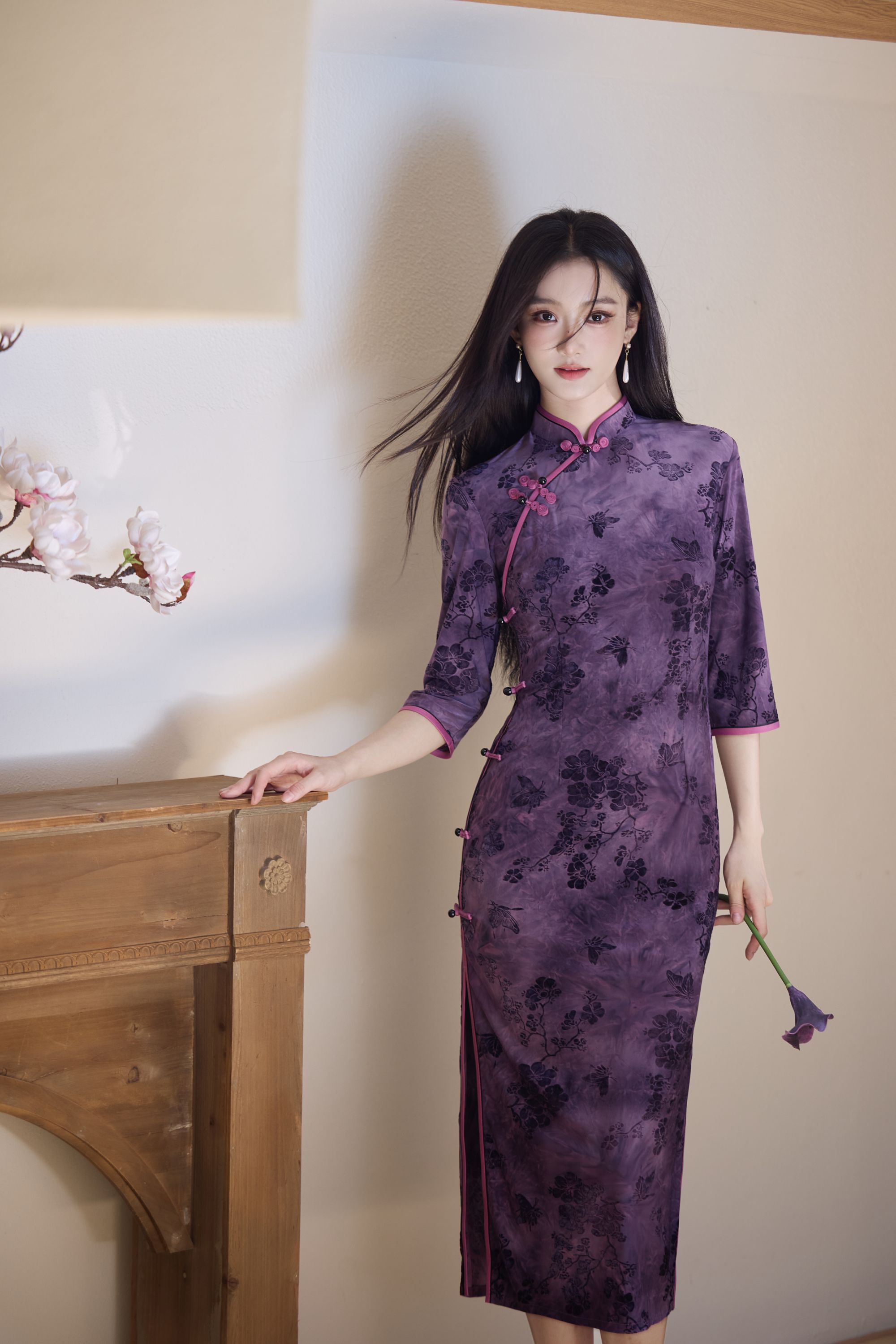 紫色国风中式秋季长袖旗袍改良年轻款2025新款女复古修身收腰秋冬