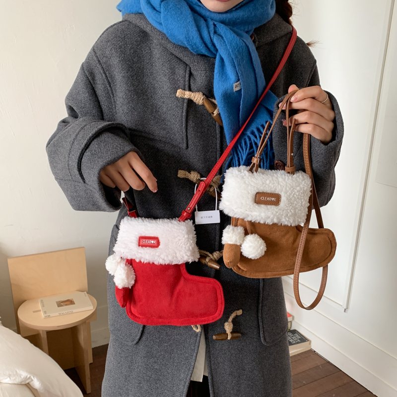 韩系鞋型包新款时尚撞色毛绒手机包复古风磨砂麂皮绒手提包斜挎包
