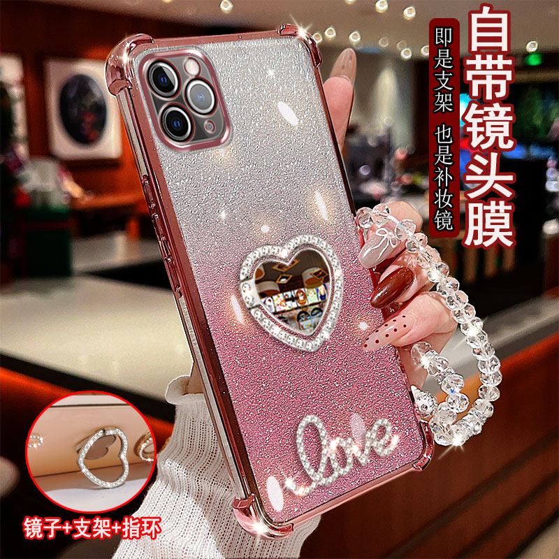 适用于苹果11pro手机壳气囊镶钻指环支架防摔保护套镜头全包女款