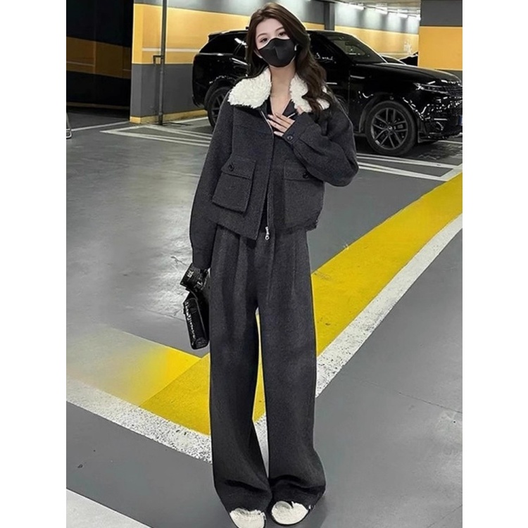 拉夏贝尔小个子时尚套装女秋冬2025新款洋气外套百搭阔腿裤两件套