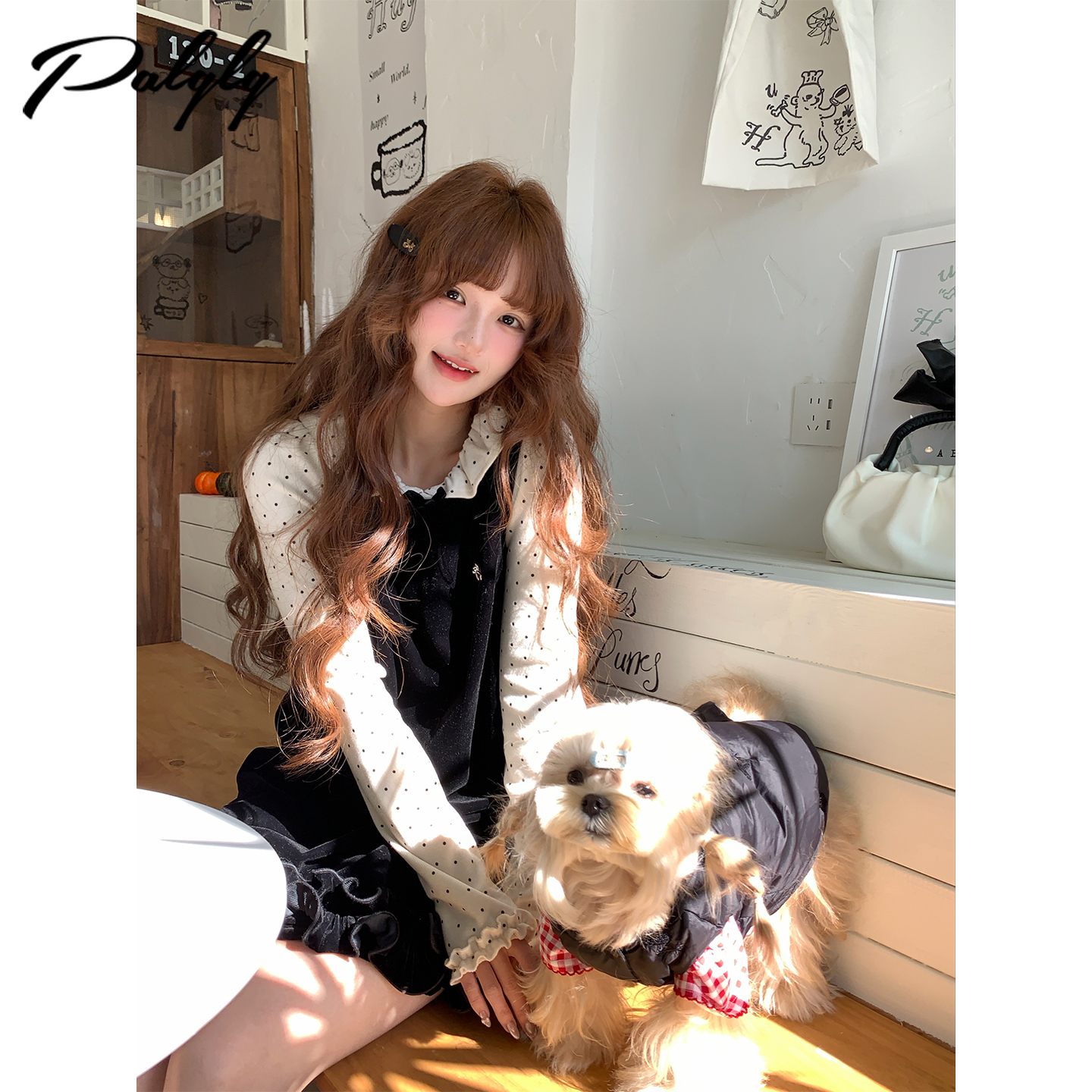 甜美风黑色丝绒背心冬季感法式木耳边直筒裙子54PDA44664